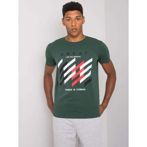 Khaki men's t-shirt with a colorful print vyobraziť