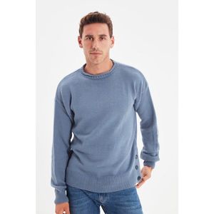 Trendyol Blue Men's Oversize Crew Neck Side Buttons Knitwear Sweater vyobraziť