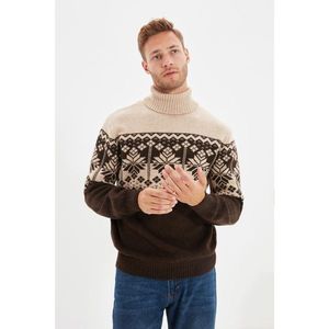 Trendyol Beige Men's Slim Fit Turtleneck Jacquard Paneled Knitwear Sweater vyobraziť