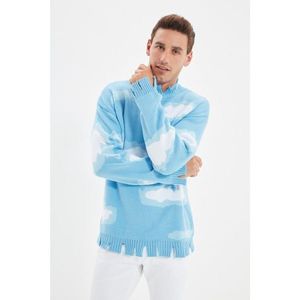Trendyol Blue Men's Casual Cut Half Turtleneck Ripped Collar Printed Sweater vyobraziť