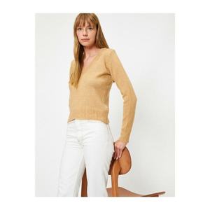 Koton Women's Brown V-Neck Long Sleeve Basic Sweater vyobraziť