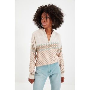 Trendyol Stone Zipper Detailed Jacquard Knitwear Sweater vyobraziť