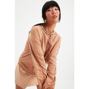 Trendyol Mink Ruffle Detailed Hooded Basic Knitted Sweatshirt vyobraziť