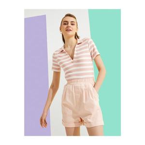 Koton Women's PINK STRIPED Polo Neck T-Shirt Short Sleeve Striped vyobraziť