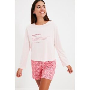 Trendyol Pink Slogan Printed Knitted Pajamas Set vyobraziť
