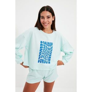 Trendyol Mint Slogan Printed Knitted Pajamas Set vyobraziť