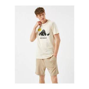 Koton Men's Ecru Printed T-Shirt Crew Neck Cotton vyobraziť