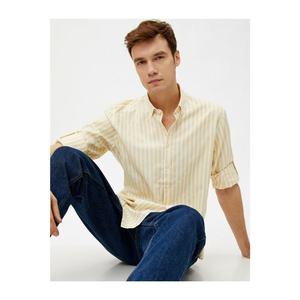 Koton Men's Yellow Striped Cotton Classic Collar Long Sleeve Shirt vyobraziť
