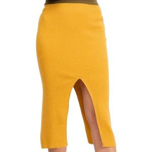 Tmavo-žltá pletená dámska sukňa s rozparkom vyobraziť