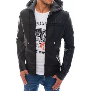 čierna koženková bunda s mikinovou kapucňou vyobraziť