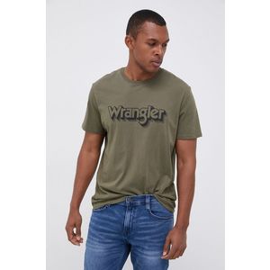 Bavlnené tričko Wrangler zelená farba, s potlačou vyobraziť