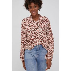 Tričko s prímesou hodvábu Answear Lab dámske, hnedá farba, voľný strih, s klasickým golierom vyobraziť