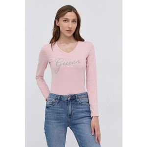 Tričko s dlhým rukávom Guess dámske, ružová farba vyobraziť