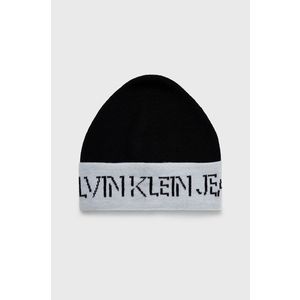 Vlnená čiapka Calvin Klein Jeans čierna farba, z tenkej pleteniny, vlnená vyobraziť