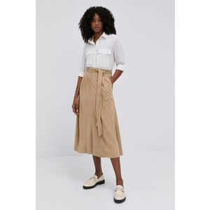Semišová sukňa Lauren Ralph Lauren béžová farba, midi, áčkový strih vyobraziť
