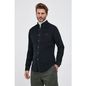 Manšestrová košeľa Polo Ralph Lauren pánska, čierna farba, regular, s golierom button-down vyobraziť