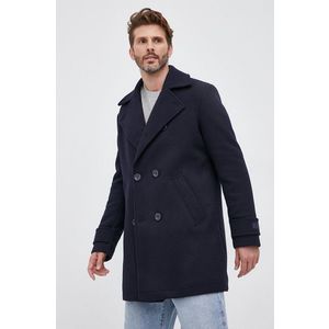 Kabát s prímesou vlny Guess tmavomodrá farba, prechodný, dvojradový vyobraziť