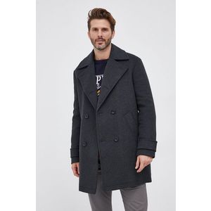 Kabát s prímesou vlny Guess šedá farba, prechodný, dvojradový vyobraziť