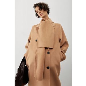 Kabát Mango dámsky, hnedá farba, prechodný, dvojradový vyobraziť