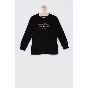 Detská bavlnená košeľa s dlhým rukávom Tommy Hilfiger čierna farba, s nášivkou vyobraziť