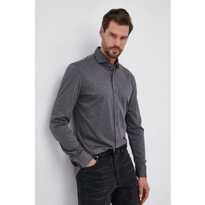 Tričko s prímesou hodvábu Boss pánske, šedá farba, slim, s talianskym golierom vyobraziť