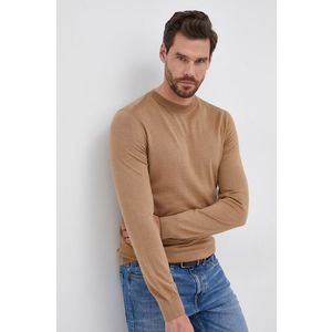 Vlnený sveter Boss pánsky, béžová farba, ľahký vyobraziť