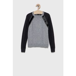 Detský sveter s prímesou vlny Guess šedá farba, ľahký vyobraziť