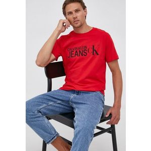 Bavlnené tričko Calvin Klein Jeans červená farba, jednofarebné vyobraziť
