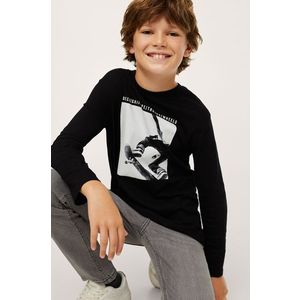 Detská bavlnená košeľa s dlhým rukávom Mango Kids čierna farba, s potlačou vyobraziť