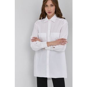 Bavlnená košeľa Boss dámska, biela farba, voľný strih, s klasickým golierom vyobraziť