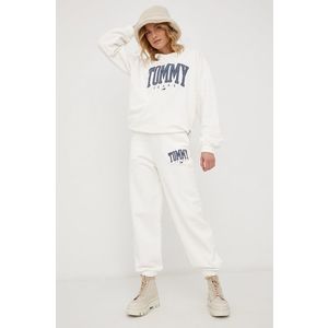 Nohavice Tommy Jeans dámske, biela farba, s nášivkou vyobraziť