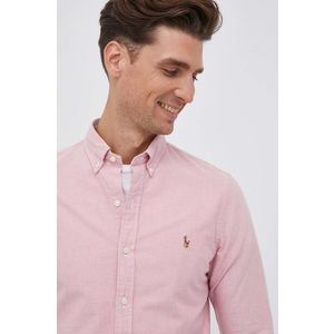 Bavlnená košeľa Polo Ralph Lauren pánska, ružová farba, slim, s golierom button-down vyobraziť