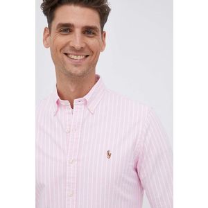 Bavlnená košeľa Polo Ralph Lauren pánska, ružová farba, slim, s golierom button-down vyobraziť