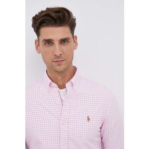 Bavlnená košeľa Polo Ralph Lauren pánska, ružová farba, slim, s golierom button-down vyobraziť