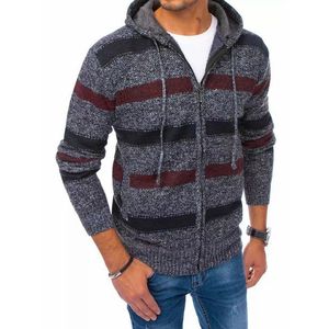 Originálny tmavo-šedý sveter s bordovými pásmi s kapucňou vyobraziť