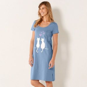 Blancheporte Krátka nočná košeľa s potlačou mačiek modrá 56 vyobraziť