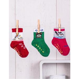 Sada troch "šťastných detských" ponožiek s farebnými, veselými potlačami vyobraziť