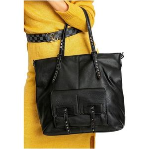 čierna dámska shopper kabelka s vreckami vyobraziť