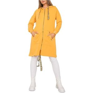 žltá dlhá mikina na zips s kapucňou a nápismi vyobraziť