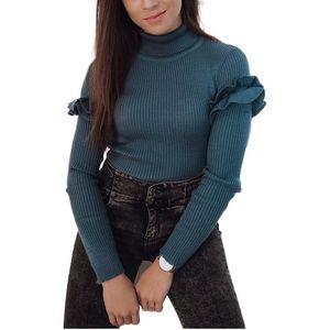 Tmavo modrý dámsky pulóver s volánikmi na rukávoch vyobraziť