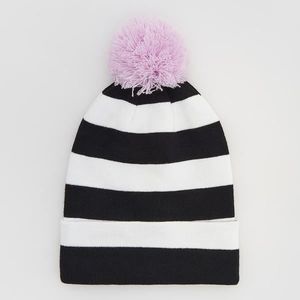 Reserved - Pásikavá čiapka beanie s brmbolcom - Biela vyobraziť