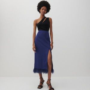 Reserved - Saténová sukňa s umelými pierkami - Tmavomodrá vyobraziť