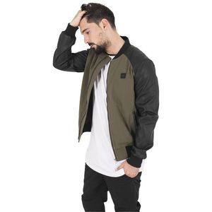 Urban Classics Cotton Bomber Leather Imitation Sleeve Jacket olv/blk - M vyobraziť