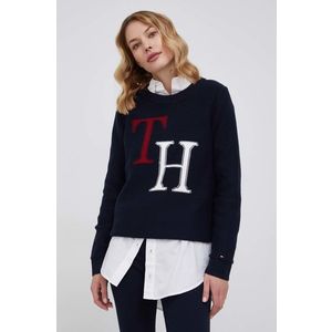Bavlnený sveter Tommy Hilfiger dámsky, tmavomodrá farba vyobraziť