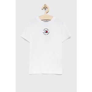 Detské bavlnené tričko Tommy Hilfiger biela farba, s nášivkou vyobraziť