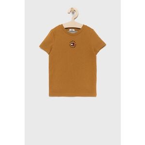 Detské bavlnené tričko Tommy Hilfiger hnedá farba, s nášivkou vyobraziť