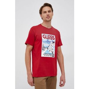 Bavlnené tričko Guess červená farba, s potlačou vyobraziť