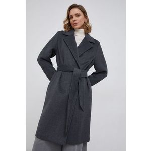 Kabát s prímesou vlny Tommy Hilfiger šedá farba, prechodný, dvojradový vyobraziť