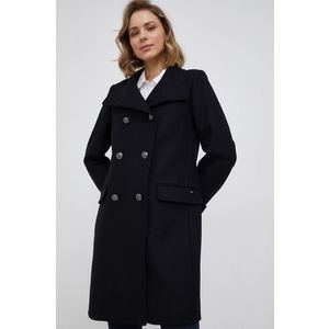 Vlnený kabát Tommy Hilfiger čierna farba, prechodný, dvojradový vyobraziť