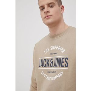 Bavlnená mikina Jack & Jones pánska, béžová farba, s potlačou vyobraziť